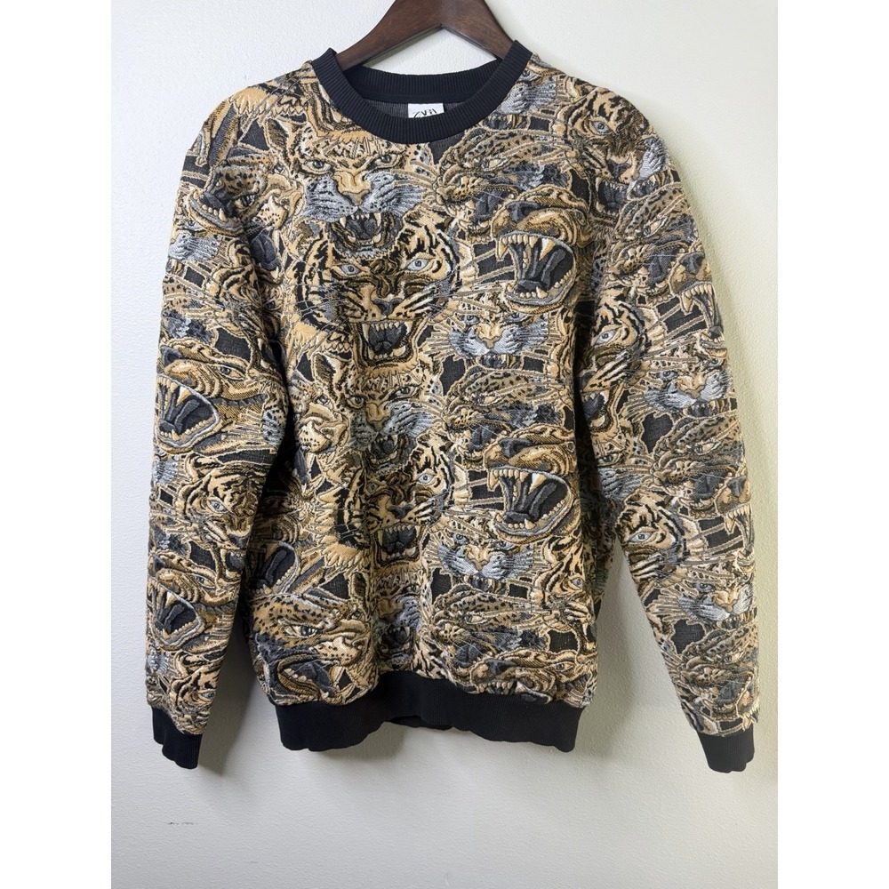 Zara Men's Jacquard Roaring Tiger Animal Graphic Sweater Rare Size Large